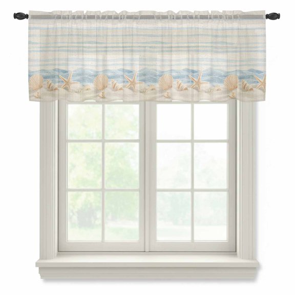 Summer Beach Seashell Sheer Valances for Windows, Ocean Watercolor Sea Shell Starfish Stripe Linen Semi Sheer Kitchen Valance Rod Pocket Small Voile Curtains for Living Room Bedroom 60 x 18 Inch