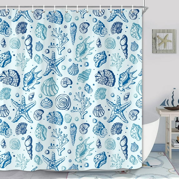 Summer Beach Seashell Shower Curtain,Blue Kids Shower Curtain Set,Nautical Ocean Coastal Shower Curtain,Fabric Shower Curtains for Bathroom 36X72in