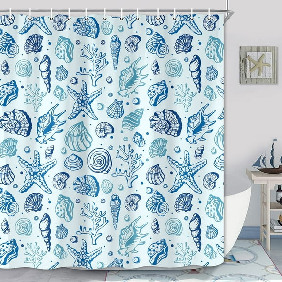 72x84 Inch Ocean Theme Shower Curtain Set - Blue Coastal Beach Seashell Bathroom Decor for Kids Boys, Nautical Waterproof Fabric Curtain with Hooks