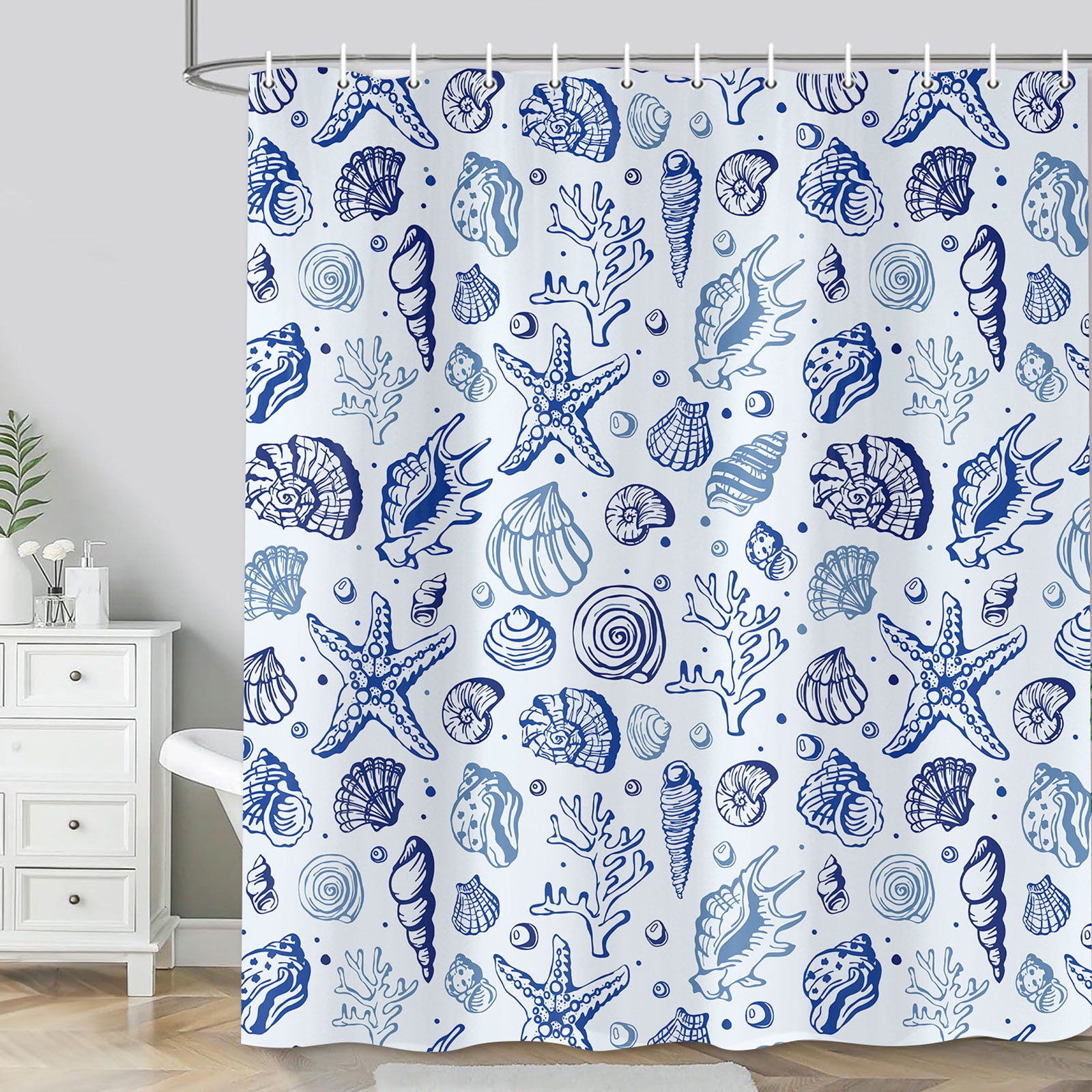 Summer Beach Seashell Shower Curtain,Navy Blue Kids Shower Curtain Set ...