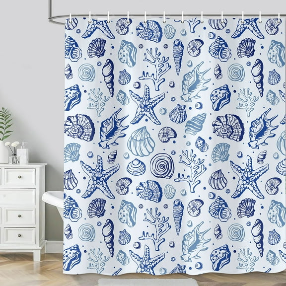 Summer Beach Seashell Shower Curtain,Navy Blue Kids Shower Curtain Set,Nautical Ocean Coastal Shower Curtain,Fabric Shower Curtains for Bathroom 60X72in