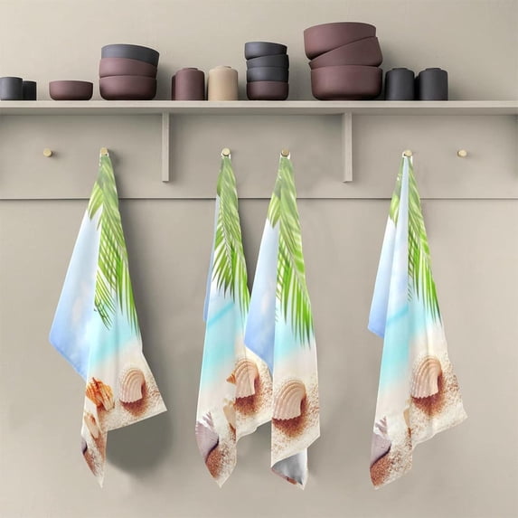 Summer Beach Seashell Tea Towels Set of 6 Tropical Palm Leaf Kitchen Dish Cloth with Hanging Loop, 18"x28"Lint-Free Absorbent Towel for Kitchen Drying Wiping and Cleaning