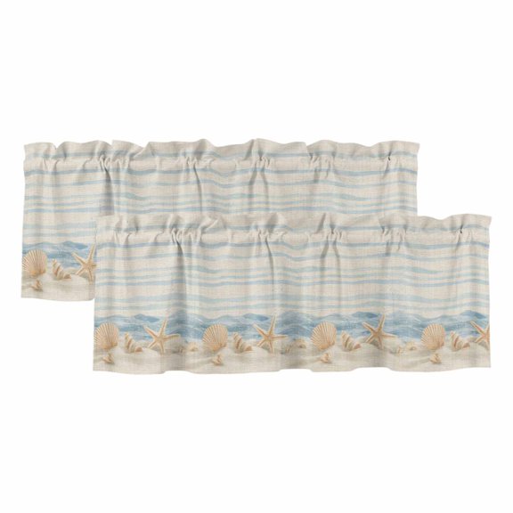 Summer Beach Seashell Valances for Window 2 Pack, Ocean Watercolor Sea Shell Starfish Stripe Linen Rod Pocket Curtains Valances Light Filtering Short Curtains for Kitchen Bedroom 42 x 12 Inch