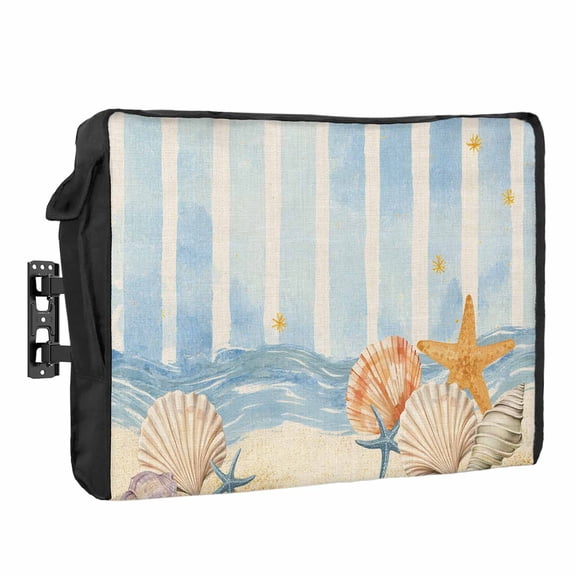 Summer Beach Seashell Waterproof Outdoor TV Cover, Ocean Watercolor Sea Shell Starfish Stripe Outside Weatherproof TV Enclosures for 80 to 85 Inch LCD Television Shield Flat Screen Protectors