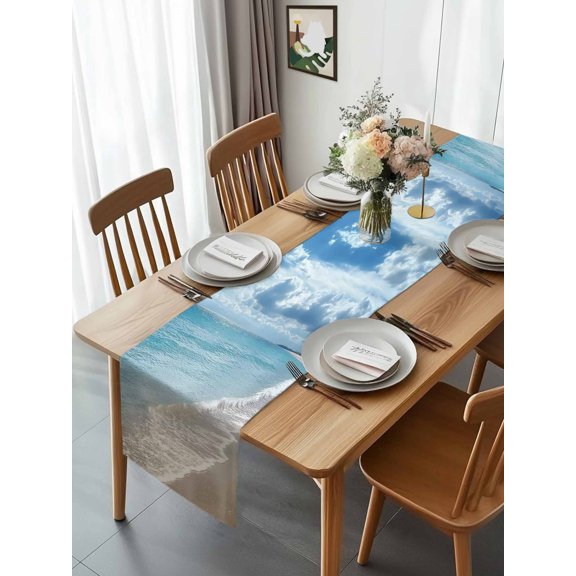 Summer Beach Seaside Sky Cloud Table Runner 13x70in Non-Slip Cotton Linen Table Runners, Ocean Natural Scenery Dresser Scarves TableRunner for Dinner Kitchen Dining Wedding Party