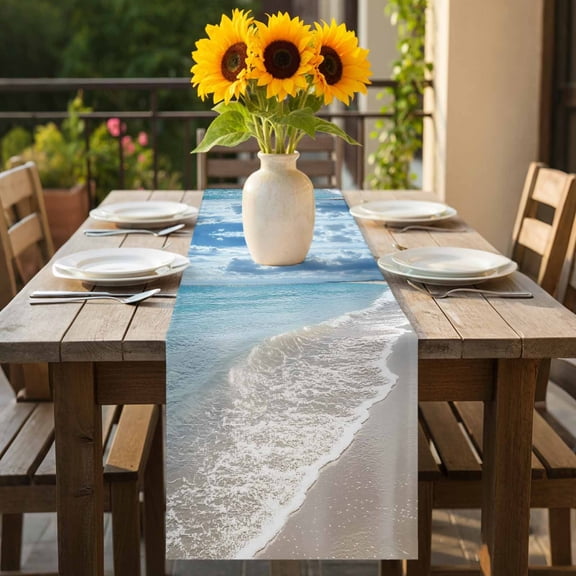 Summer Beach Seaside Sky Cloud Table Runner 36 Inches Long,Kitchen Dining Tablerunners Ocean Natural Scenery Linen Table Runners Dresser Scarves for Home Dinner Wedding Holiday Party Decor