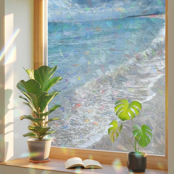 Summer Beach Seaside Sky Cloud Window Privacy Film, Rainbow Film Decorative Window Sticker 17.7x39.3in, Ocean Natural Scenery Sun Blocking Static Stained Glass Cling Tint Non-Adhesive