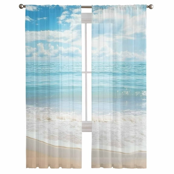 Summer Beach Semi Sheer Curtains 108 Inch Length 2 Panels Set, Ocean Waves Coastal Blue Sheer Kitchen Curtain Privacy Voile Window Curtain for Living Room Bedroom Rod Pocket Drapes