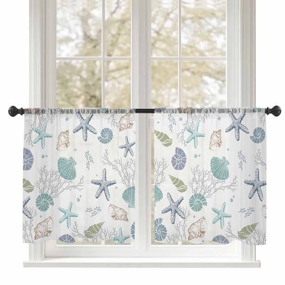 Summer Beach Sheer Curtains 2 Panels Set, Nautical Starfish Coral Shell Window Sheer Curtains for Living Room/Bedroom, Teal Ocean Light Filtering Rod Pocket Voile Drapes, 52" W x 45" L