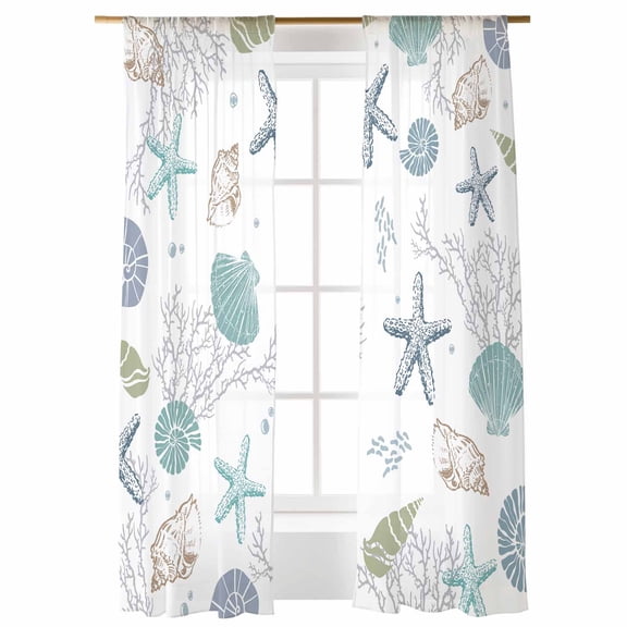 Summer Beach Sheer Curtains 2 Panels Set, Nautical Starfish Coral Shell Window Sheer Curtains for Living Room/Bedroom, Teal Ocean Light Filtering Rod Pocket Voile Drapes, 52" W x 84" L