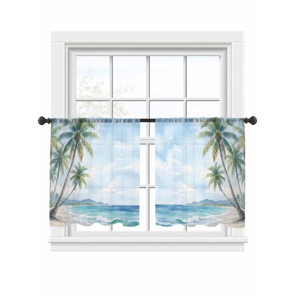 Summer Beach Sheer Curtains 2 Panels Set Watercolor Coconut Trees Sky Ocean Beach Sheer Window Curtains Light Filtering Rod Pocket Voile Drapes for Bedroom Living Room 52"x45"