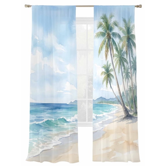 Summer Beach Sheer Curtains 2 Panels Set Watercolor Coconut Trees Sky Ocean Beach Sheer Window Curtains Light Filtering Rod Pocket Voile Drapes for Bedroom Living Room 52"X84"