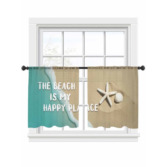 Summer Beach Sheer Curtains 45 Inch Long 2 Panels, The Beach Is My Happy Place Starfish Teal Ocean Light Filtering Rod Pocket Curtains, Sheer Voile Drapes for Living Room Bedroom, 52"x45"