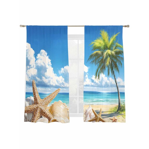 Summer Beach Sheer Curtains 72 Inch Long 2 Panels, Ocean Starfish Shell Palm Tree Blue Sky Light Filtering Rod Pocket Curtains, Sheer Voile Drapes for Living Room Bedroom, 52"x72"