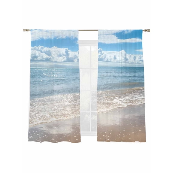 Summer Beach Sheer Curtains 72 Inch Long 2 Panels, Ocean Waves Sky Cloud Scenery Shore Coastal Light Filtering Rod Pocket Semi Sheer Curtains, Sheer Voile Drapes for Living Room Bedroom, 52"x72"