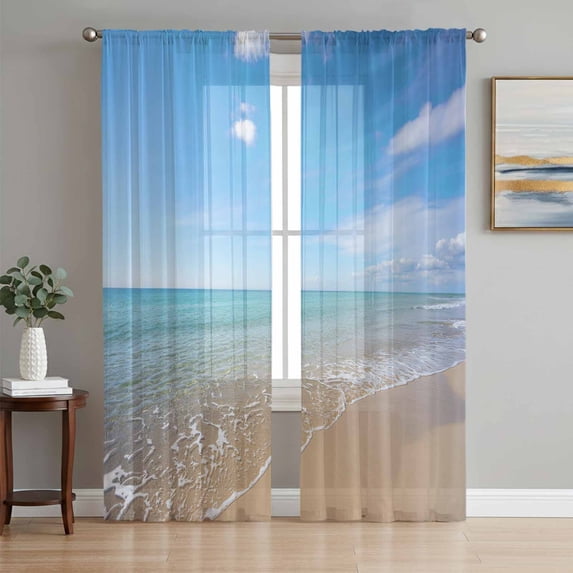 Summer Beach Sheer Curtains 84 Inch Length 2 Panels Set, Coastal Landscape Seaside Blue Sky Voile Window Treatment Rod Pocket Curtains Sheers Drapes for Bedroom/Living Room/Kitchen 52"x84"x2