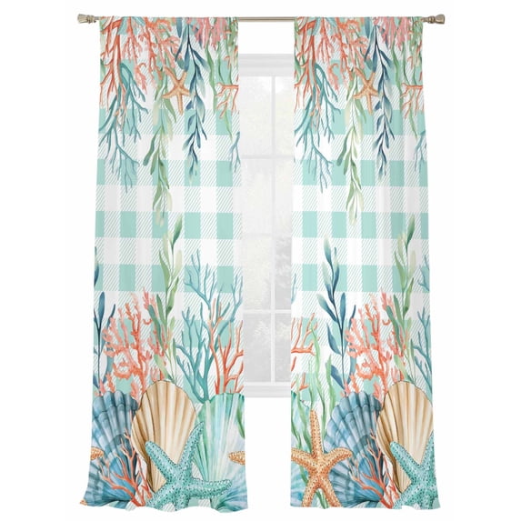 Summer Beach Sheer Curtains 84 Inch Long 2 Panels, Ocean Colorful Coral Shell Seaweed Starfish Green Plaid Light Filtering Rod Pocket Curtains, Sheer Voile Drapes for Living Room Bedroom, 52"x84"