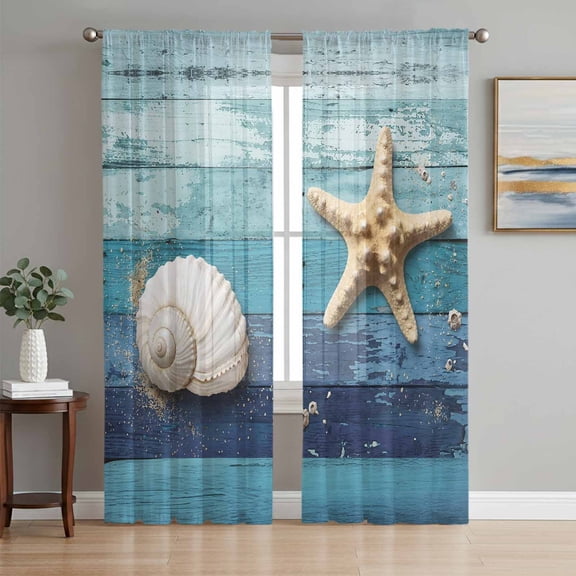 Summer Beach Sheer Curtains for Living Room Bedroom, Coastal Starfish Shell Beach Blue Ombre Wood Light Filtering Sheer Curtain Rod Pocket Voile Window Treaments Drapes, 52 x 96 Inches