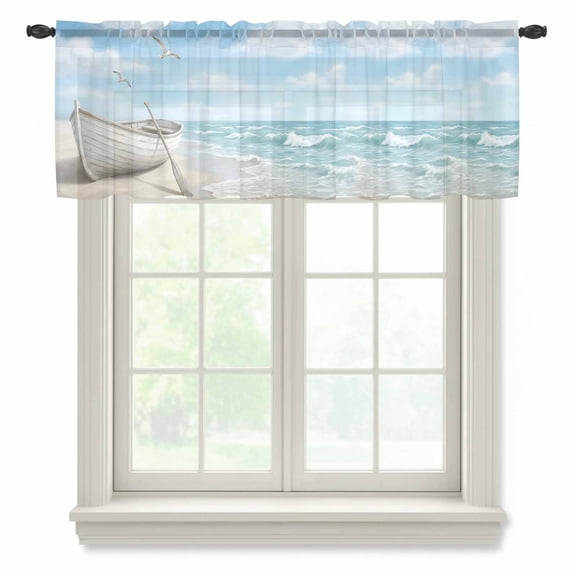 Summer Beach Sheer Valances for Windows, Nautical Coastal Ocean Boat Seagulls Blue Sky Semi Sheer Kitchen Valance Rod Pocket Small Voile Window Curtains for Living Room Bedroom 42 x 18 Inch