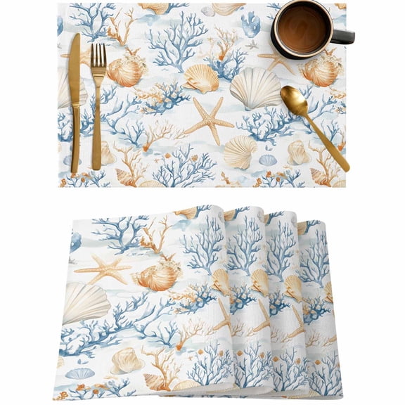 Summer Beach Shell Starfish Placemats Set of 4,Wipeable Washable Table Mats for Dining Tables,Blue Coral Seamless Place Mats for Kitchen Event Party Tabletop Decor