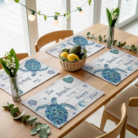 Summer Beach Shell Starfish Placemats Set of 4,Wipeable Washable Table Mats for Dining Tables, Country Wooden Plank Place Mats for Kitchen Event Party Tabletop Decor