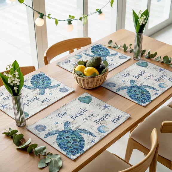 Summer Beach Shell Starfish Placemats Set of 4,Wipeable Washable Table Mats for Dining Tables, Retro Mottled Wooden Board Place Mats for Kitchen Event Party Tabletop Decor