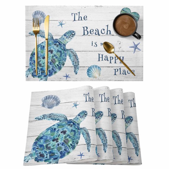 Summer Beach Shell Starfish Placemats Set of 6,Wipeable Washable Table Mats for Dining Tables, Country Wooden Plank Place Mats for Kitchen Event Party Tabletop Decor