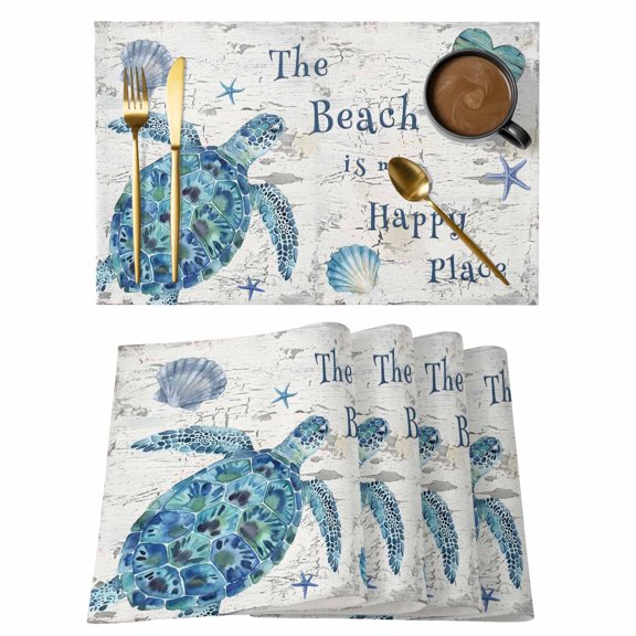 Summer Beach Shell Starfish Placemats Set of 6,Wipeable Washable Table Mats for Dining Tables, Retro Mottled Wooden Board Place Mats for Kitchen Event Party Tabletop Decor