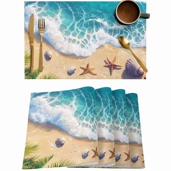 Summer Beach Shells Starfish Placemats Set of 4,Wipeable Washable Table Mats for Dining Tables,Blue Ocean Waves Place Mats for Kitchen Event Party Tabletop Decor