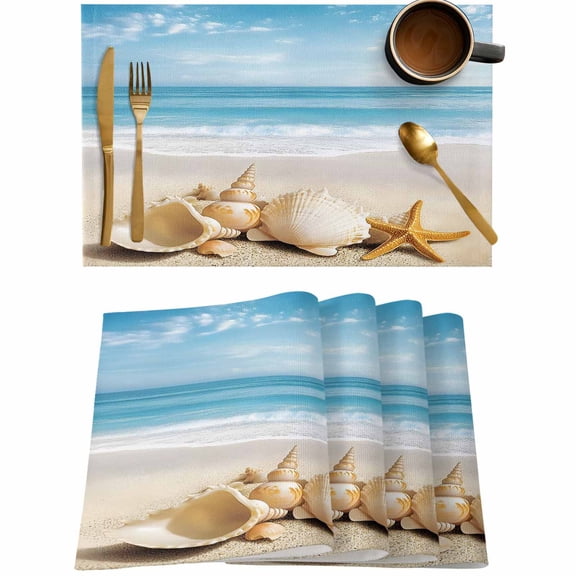 Summer Beach Shells Starfish Placemats Set of 4,Wipeable Washable Table Mats for Dining Tables,Seaside Blue Waves Place Mats for Kitchen Event Party Tabletop Decor