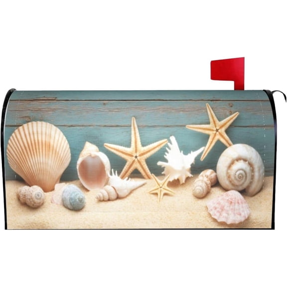 Summer Beach Shells Starfish Sea Mailbox Cover Magnetic Marine Wood Texture Waterproof Mailbox Wraps Post Letter Box Decor 25.5x21 in