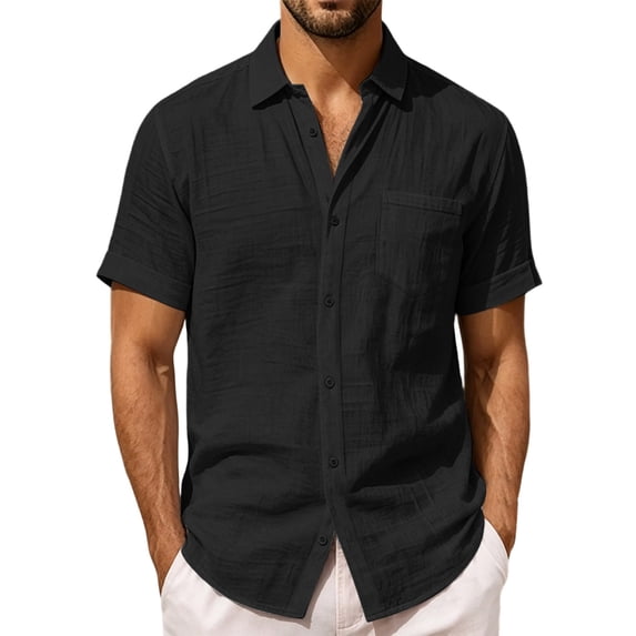 Summer Beach Shirt for Men Linen Button Down Short Sleeve with Pocket Hawaiian T-Shirt Tops Fathers Gift