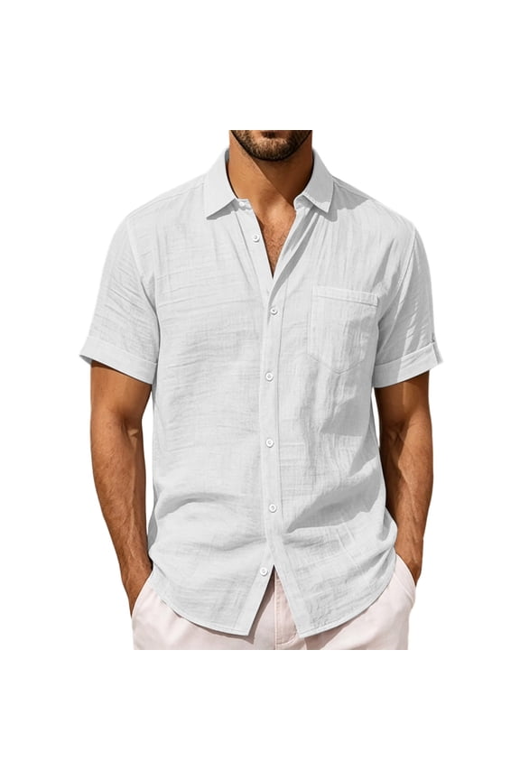 Summer Beach Shirt for Men Linen Button Down Short Sleeve with Pocket Hawaiian T-Shirt Tops Fathers Gift