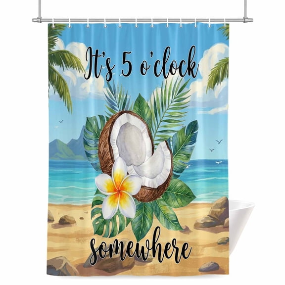 Summer Beach Shower Curtain, 36" x 72", It's 5 O'clock Somewhere Tropical Coconut Floral Waterproof Bathroom Curtain Washable Shower Curtain Set with 12 Hooks