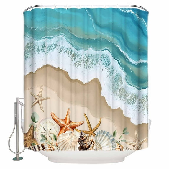 Summer Beach Shower Curtain, 36" x 72", Spray Ocean Waves Sand Seashell Starfish Waterproof Bathroom Curtain Washable Shower Curtain Set with 12 Hooks