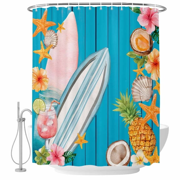 Summer Beach Shower Curtain, 36"x72", Watercolor Surfboard Ocean Starfish Tropical Coconut Waterproof Bathroom Curtain Washable Shower Curtain Set with 12 Hooks