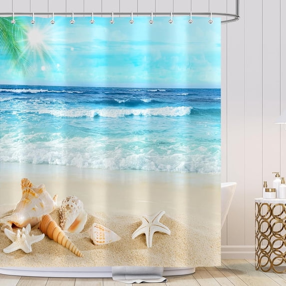 Summer Beach Shower Curtain for Bathroom, Ocean Coastal Sea Wave Bath Curtain Set, Polyester Waterproof Durable Bathroom Accessory Set with 12 Hooks 72x72 inch