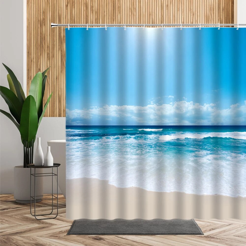 Summer Beach Shower Curtain Blue Sea Shell Ocean Waves Landscape ...