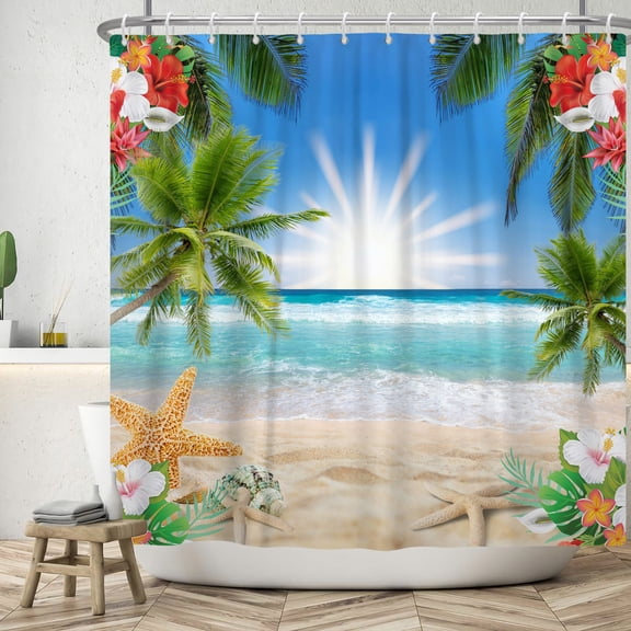 Summer Beach Shower Curtain,Coconut Tree and Starfish Bathroom Curtain,Fabric Bath Curtain with Hooks 72"x72"