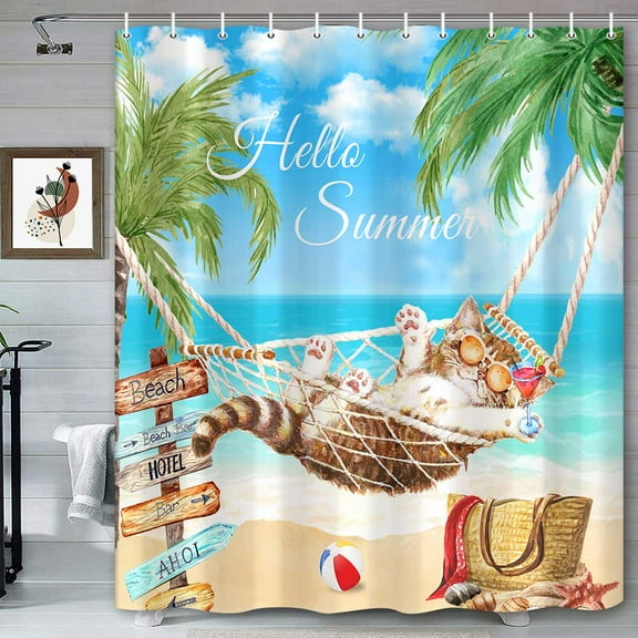 Summer Beach Shower Curtain Cute Cat Tropical Palm Tree Coast Seaside Sea Ocean Themed Bathroom Bath Curtain, Polyester Fabric Bathroom Accessory Decor Sets with Hooks