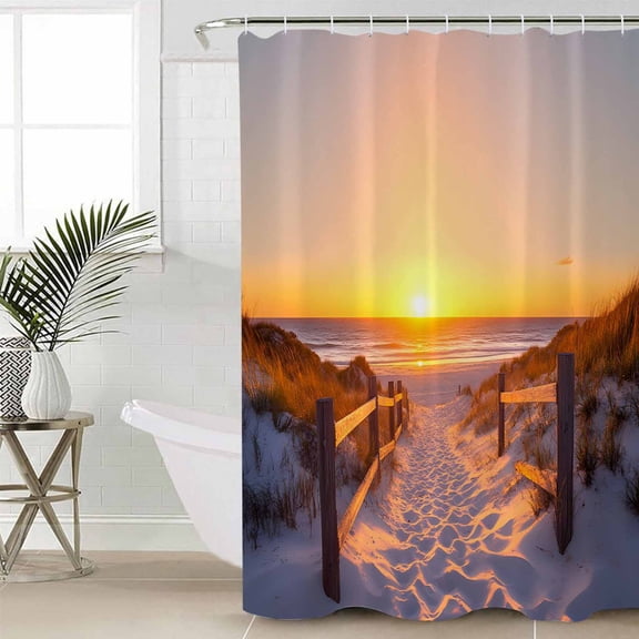 Summer Beach Shower Curtain Set, Waterproof Shower Curtains for Bathroom, Sunset Nautical Ocean Sea Washable Fabric Cloth Bath Curtain for Bathtub Decoration with Hooks 54x78 Inches