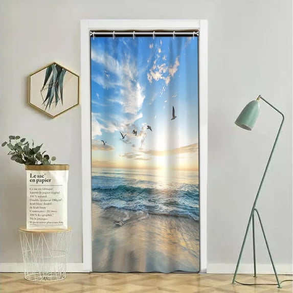 Summer Beach Shower Curtain Tropical Ocean View Birds Seaside Sunrise Landscape Bath Curtains Fabric Bathroom Accessories Decor Sets 36x72 Inches with Plastic Hooks