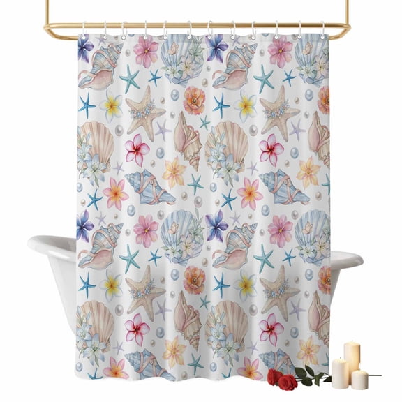 Summer Beach Shower Curtains for Bathroom, Ocean Starfish Shell Coastal Conch Cute Flower Washable Fabric Shower Curtain with Hooks Waterproof Bathroom Decor Sets, 66 x 72 Inches