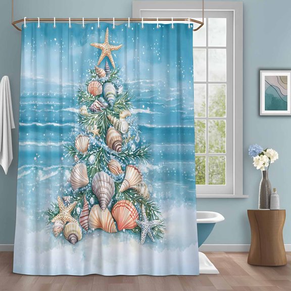 Summer Beach Shower Curtains for Bathroom, Ocean Wave Marine Life Starfish Shell Tree Washable Fabric Shower Curtain with Hooks Waterproof Bathroom Decor Sets, 36 x 72 Inches