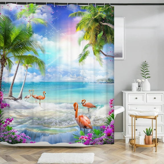Summer Beach Shower Curtains Seaside Landscape Palm Tree Bathroom Curtains For H