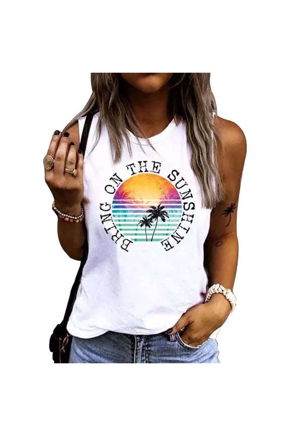 Summer Beach Sleeveless Round Neck Women's Tank Top with Coconut Tree Print for Cruise Fashion Breathable Lightweight Women’s Sleeveless Top for Travel and White M