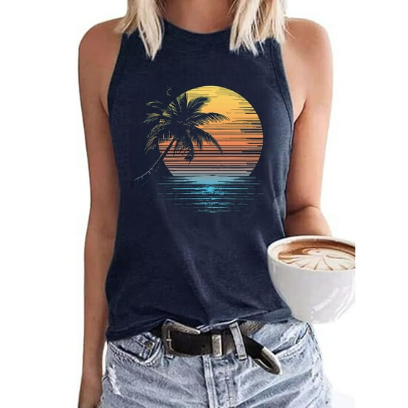 Summer Beach Sleeveless Tank Tops for Women Sunset Coconut Tree Graphic Hawaiian Vacation Tank Shirt