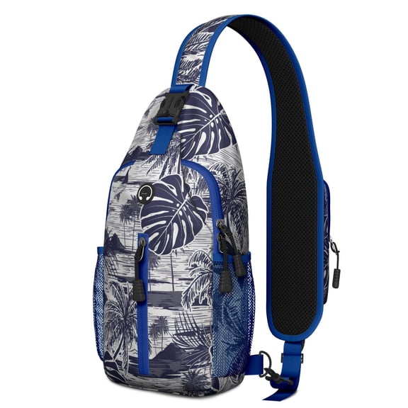 Summer Beach Sling Backpack, Lightweight Crossbody Daypack with Tropical Hibiscus and Palm Leaves, Anti-theft Travel Bag for Commuting and Short Trips