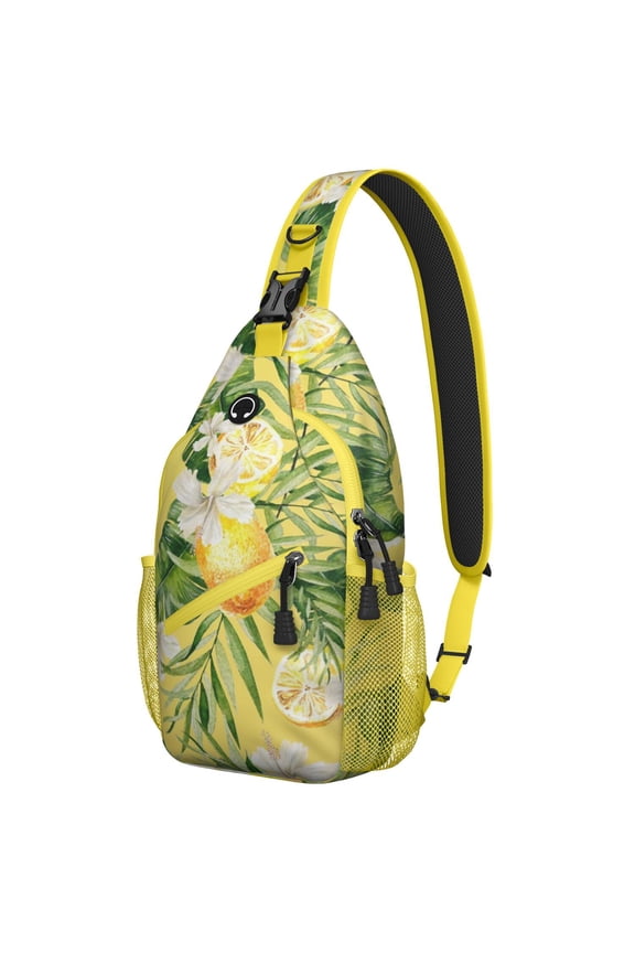 Summer Beach Sling Backpack for Women and Men, Hawaiian Floral Crossbody Bag with Tropical Jungle Leaves, Exotic Palm Print and Botanical Design