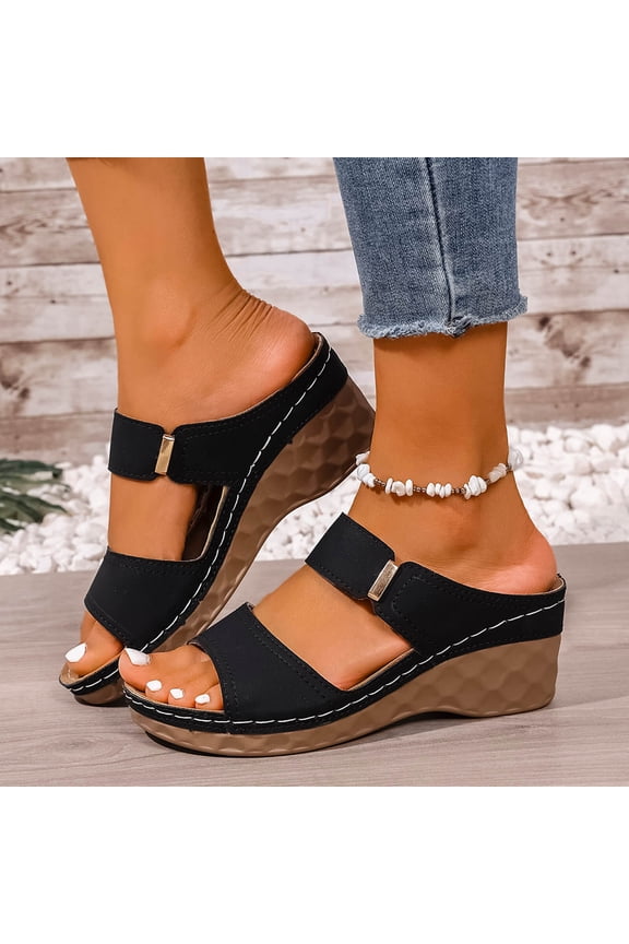 Summer Beach Slippers Sandals for Women Flip Flops Plus Size Casual Spring Versatile Beach Wedge Heels Solid Color Peep Toe Open-Toe Sandals